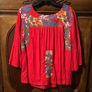 Red Embellished Bell Sleeve Blouse